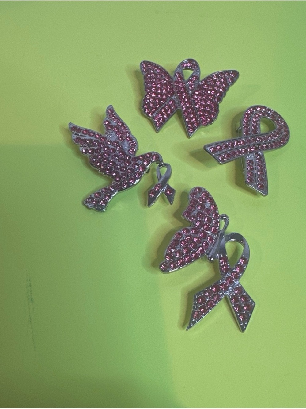 Set of 4 Pink Crystal Awareness Ribbon and Wing Charms - Women Brooches